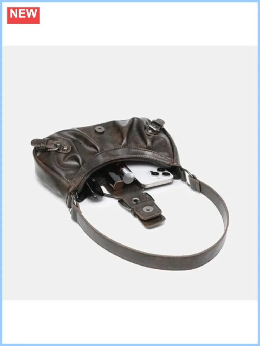 Washed Faux Leather Y2K Hobo Shoulder Bag Buckle Handbag Small Punk Purse